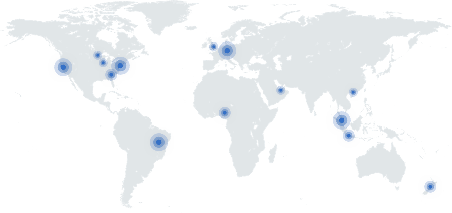 Greyed-out map of the world highlighting where our 150 plus clients are located around the globe.