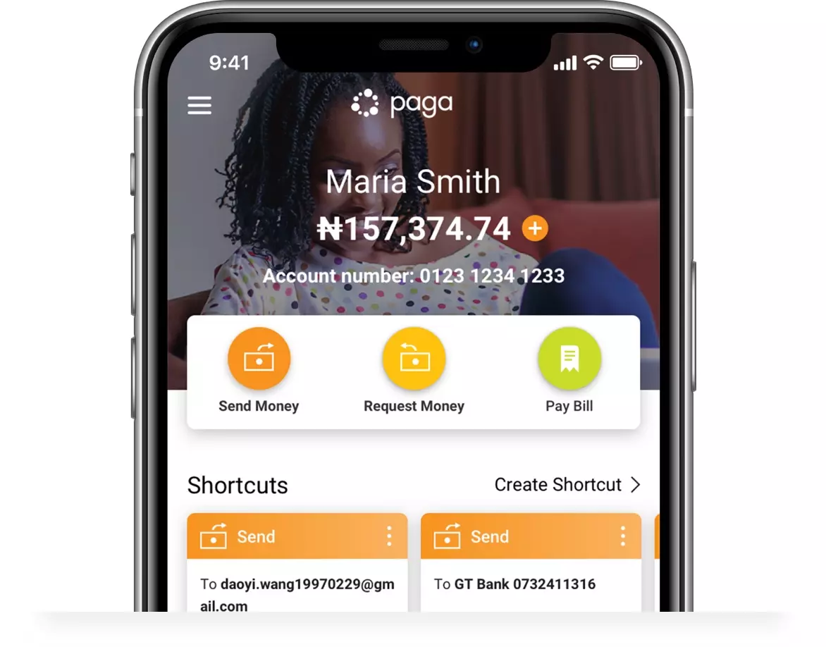 Close up screenshot of Paga mobile app user dashboard