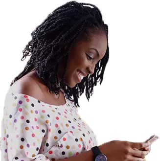 A young woman using the Paga mobile app against an animated background